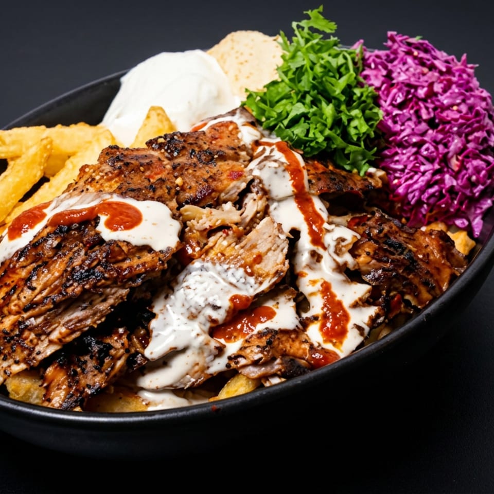Grilled chicken shawarma with fries, garlic sauce, hot sauce, parsley, and purple cabbage slaw in a black bowl.