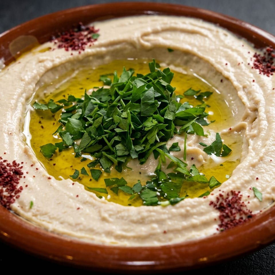 Creamy hummus topped with olive oil, chopped herbs, and sumac served in a brown dish.