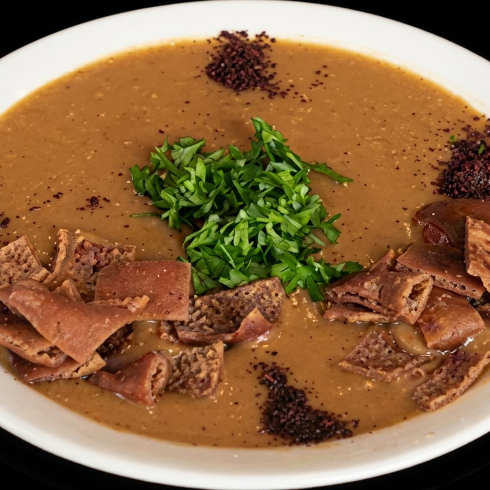 Bowl of thick brown soup garnished with chopped greens, crispy flatbread pieces, and dark spice clusters.