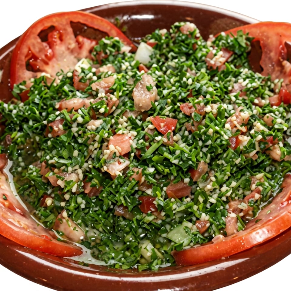 Bowl of parsley tabbouleh salad with tomatoes, bulgur, and herbs, garnished with sliced tomatoes on a brown plate.