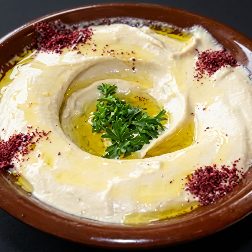 Creamy hummus topped with olive oil, parsley, and red seasoning in a brown ceramic dish.