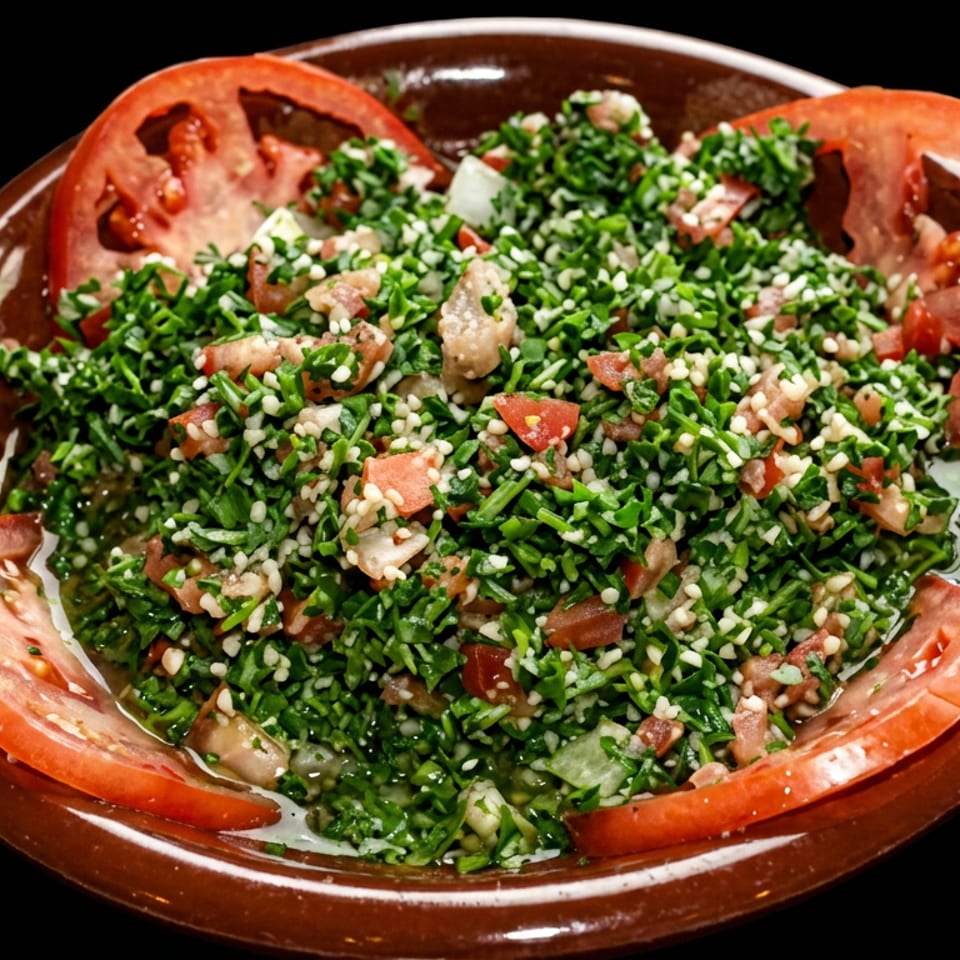 Plate of chopped green herb salad with tomatoes, onions, and sesame seeds, garnished with tomato slices.