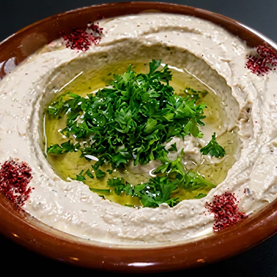 Creamy hummus garnished with olive oil, chopped parsley, and red spice in a brown ceramic dish.